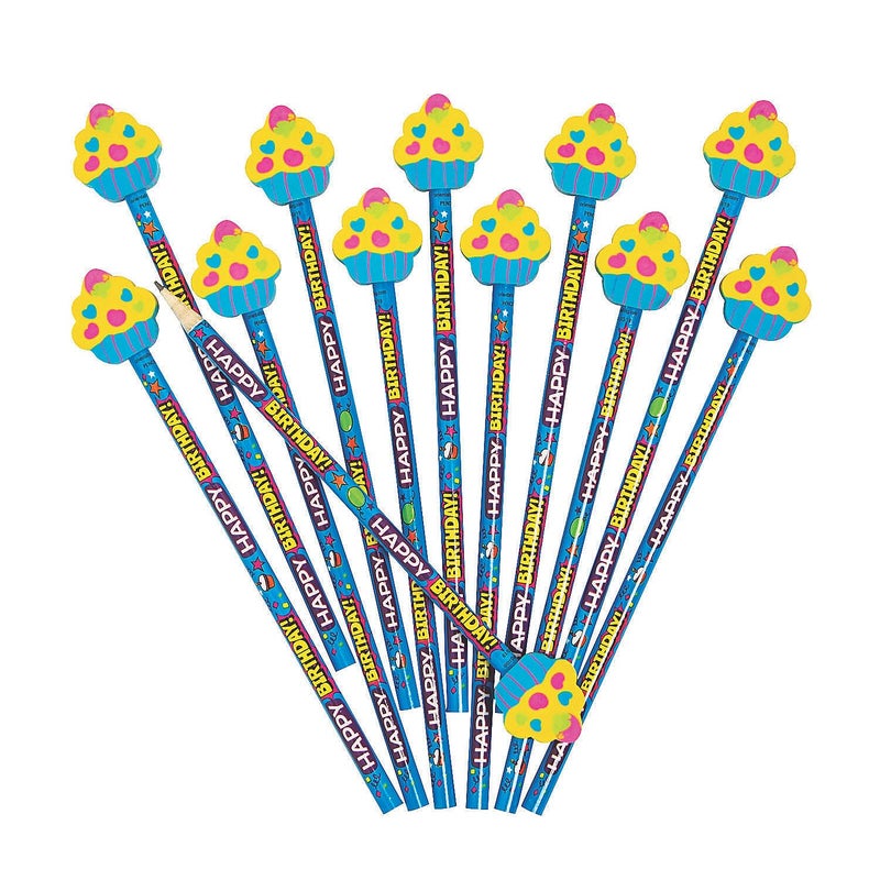 Fun Express Happy Birthday Pencils with Cupcake Topper, Bulk set of 12 - Party Favors and Handouts - Image 1